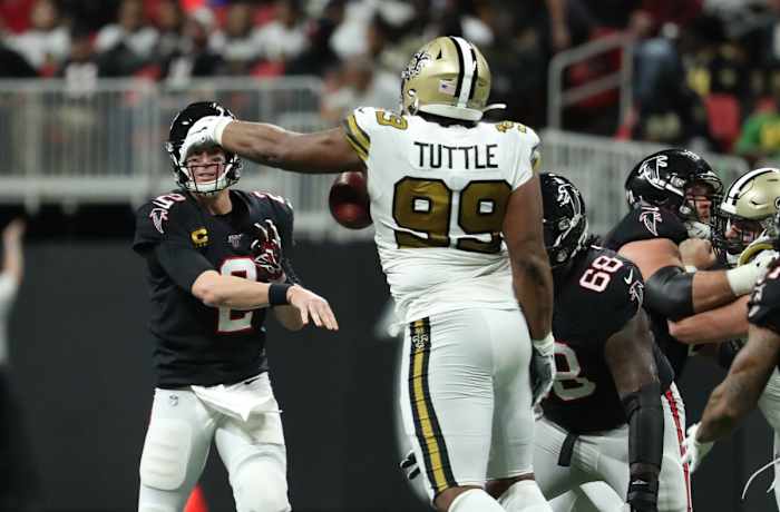 Saints Shy Tuttle intercepts Falcons QB Matt Ryan